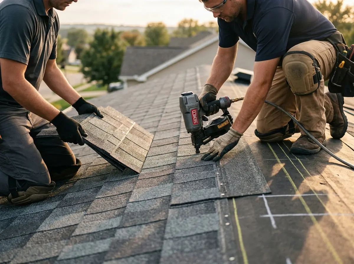 Professional roofer working on a residential roof in West Hattiesburg